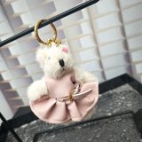 Furry Bear Keychain with Pink Leather Bow Dress