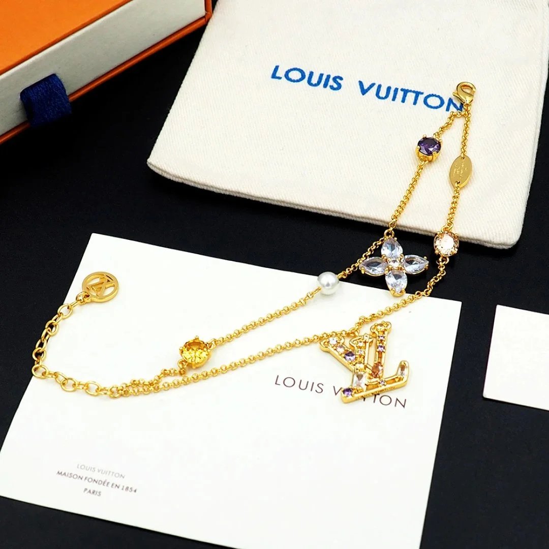 Louis Vuitton Monogram World Tour Gold-Tone Bracelet with Gemstones and Pearl Jewelry - 6