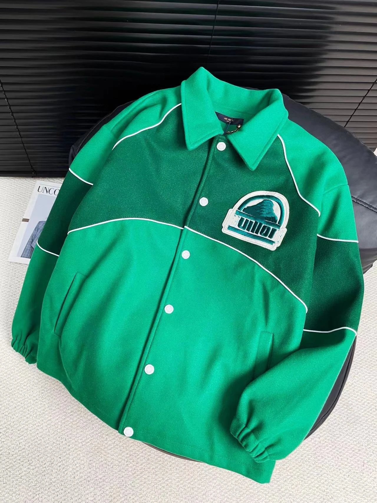 Union Varsity Jacket Emerald Green with Embroidered Logo Outerwear - 17