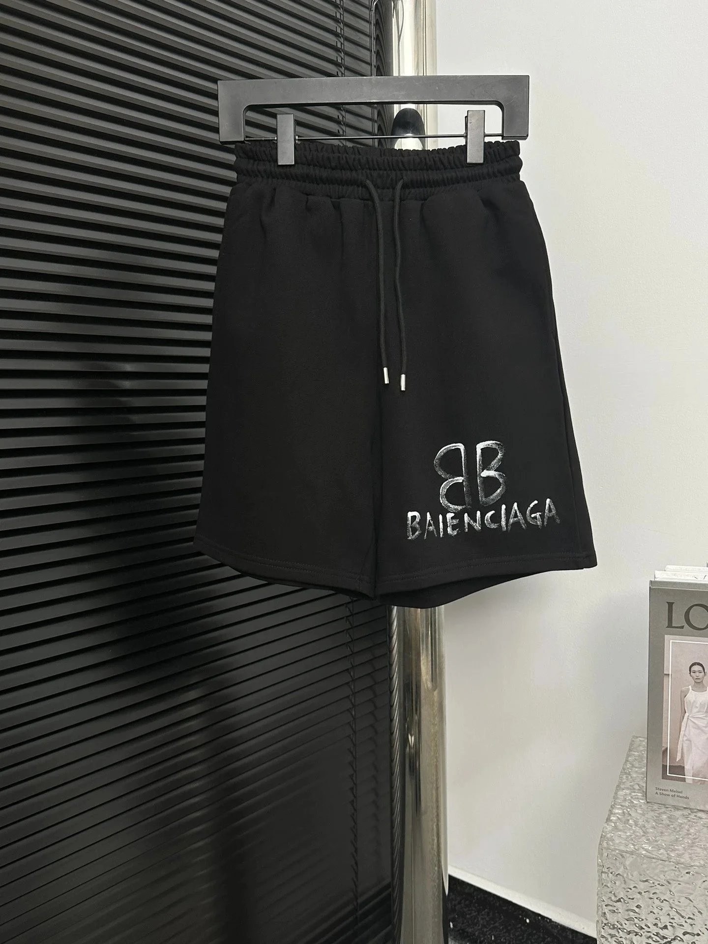 Balenciaga Shorts Elastic-Waist Drawstring Denim with Trefoil Logo — 22BALEN*CIAGA