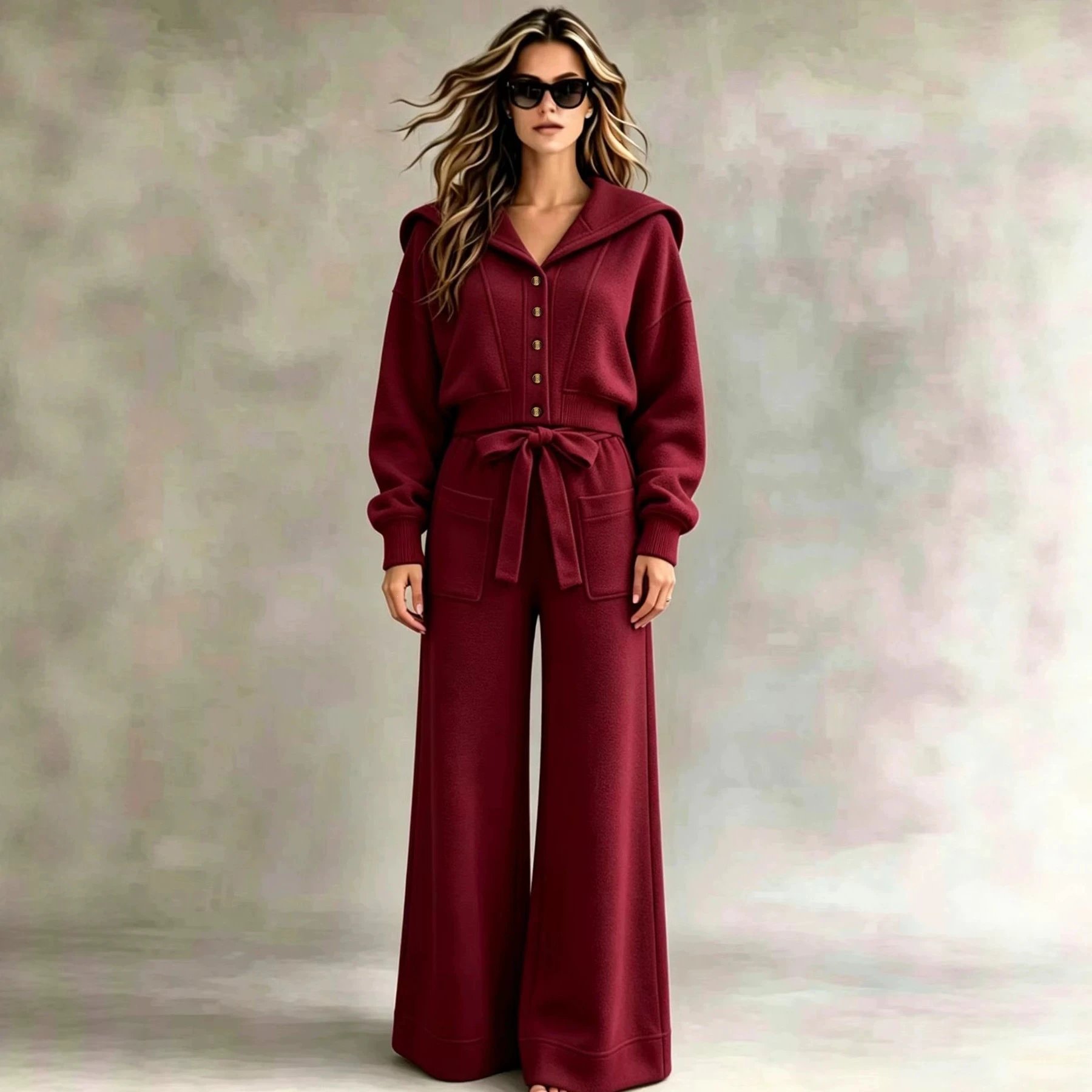 Burgundy Hooded Button-Up Knit Set Wide Leg