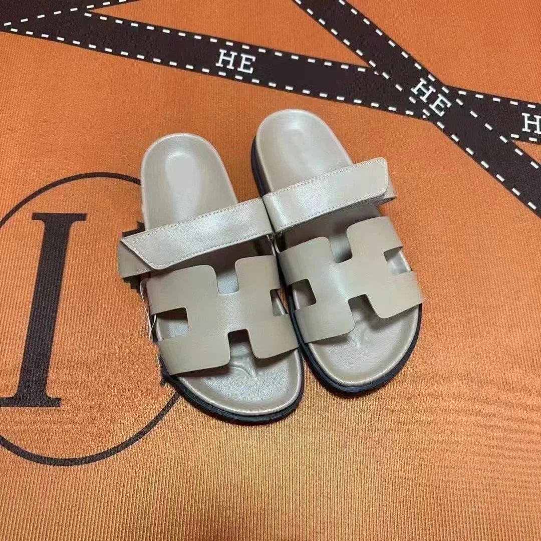 Hermès Sandals Adjustable H-cutout slide — Apricot sheep pattern