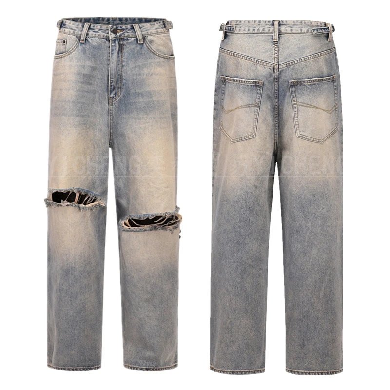 Unbranded Jeans Washed distressed denim — Q 089 Ripped Wide-Leg Jeans