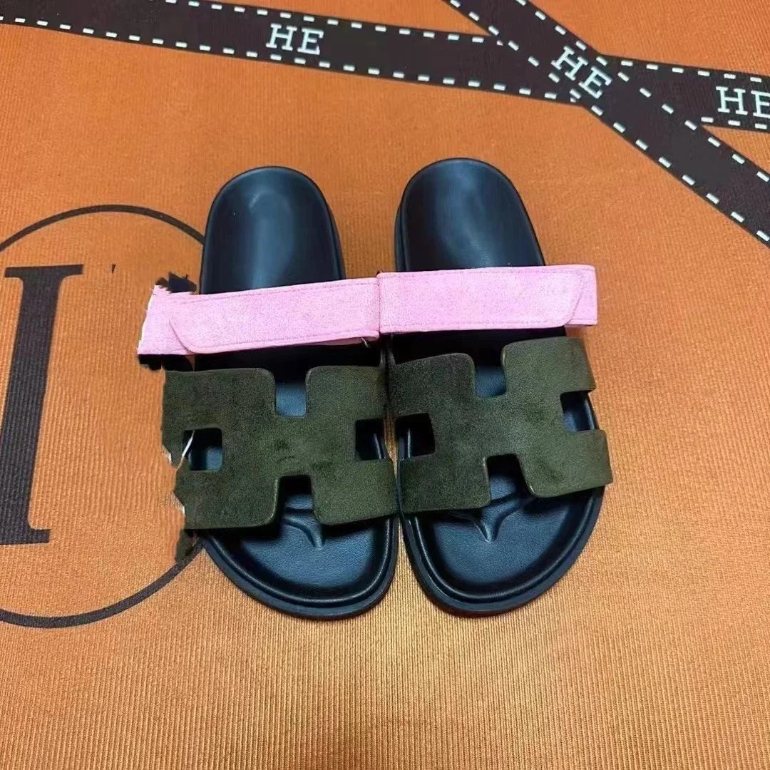 Hermès Sandals Adjustable H-cutout slide — Powder army green