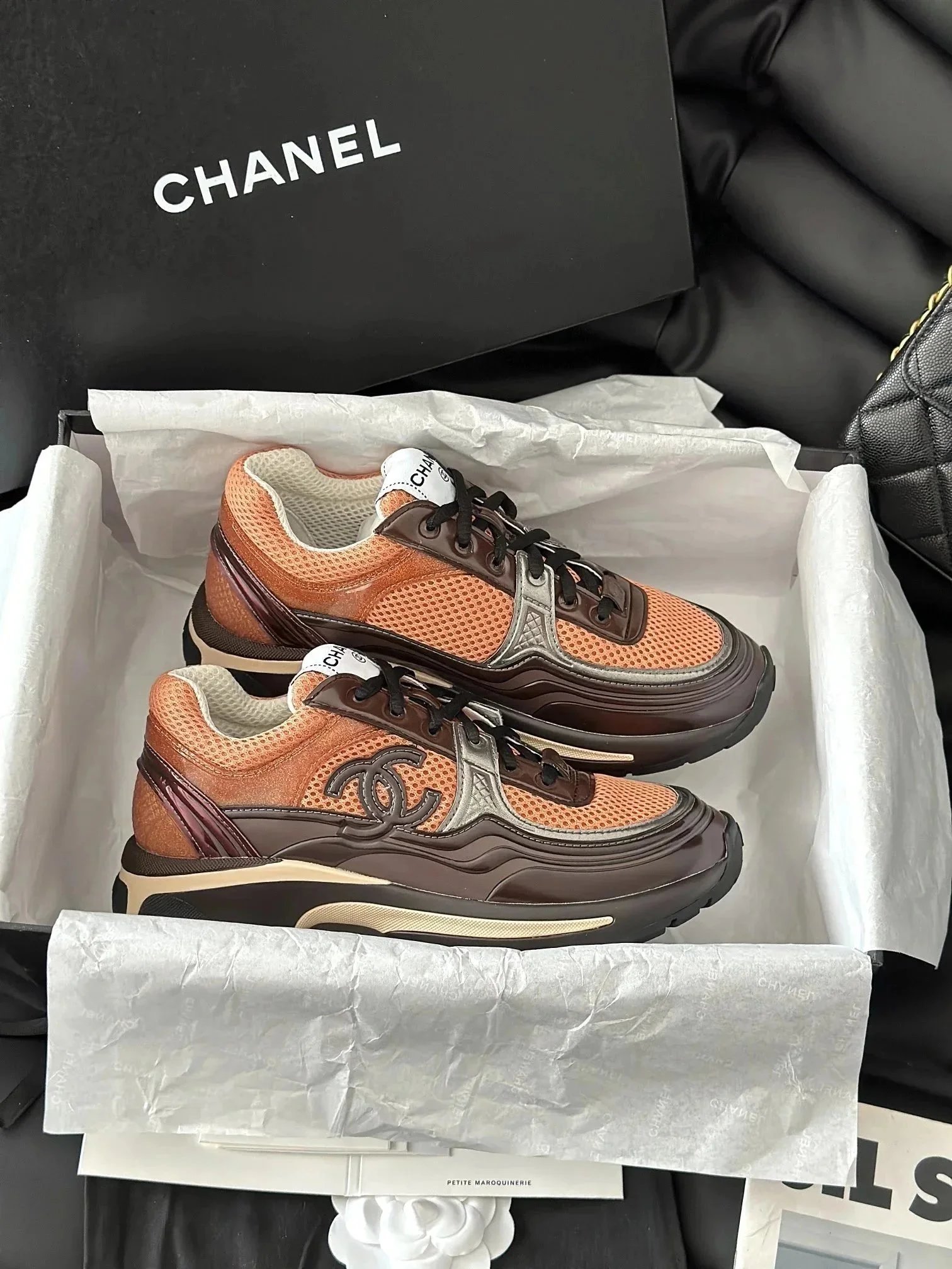 Chanel Runway Sneakers Orange and Brown Mesh Leather Chunky Sneakers