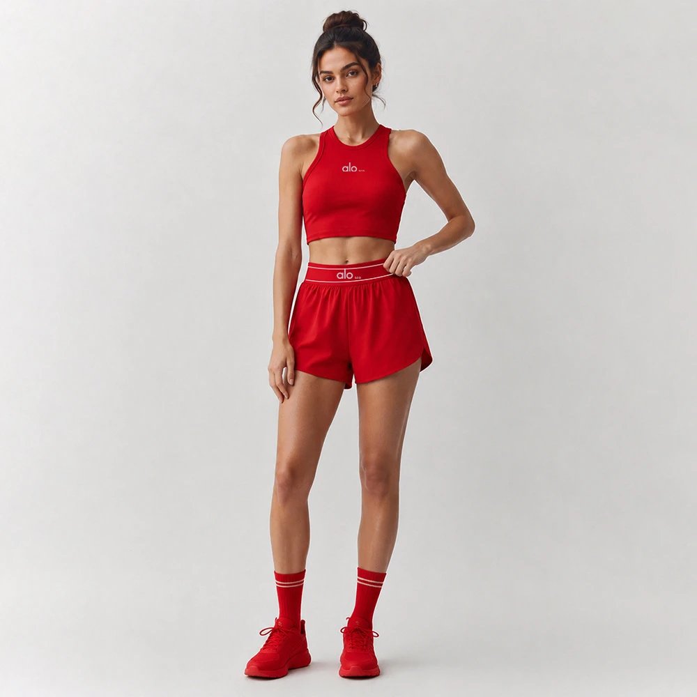 Alo Yoga Red High-Waisted Crop Top and Shorts Set