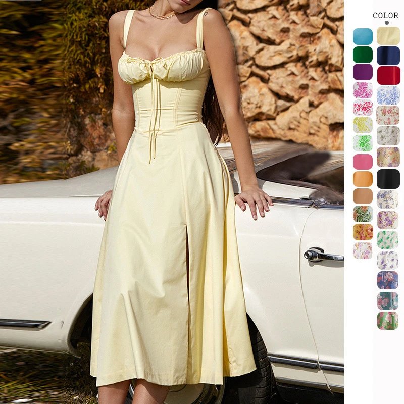 Summer Pastel Yellow Corseted Midi Dress