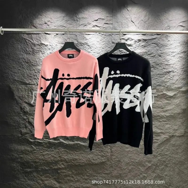 Stussy Knit Sweater Pink/Black Graphic Crewneck