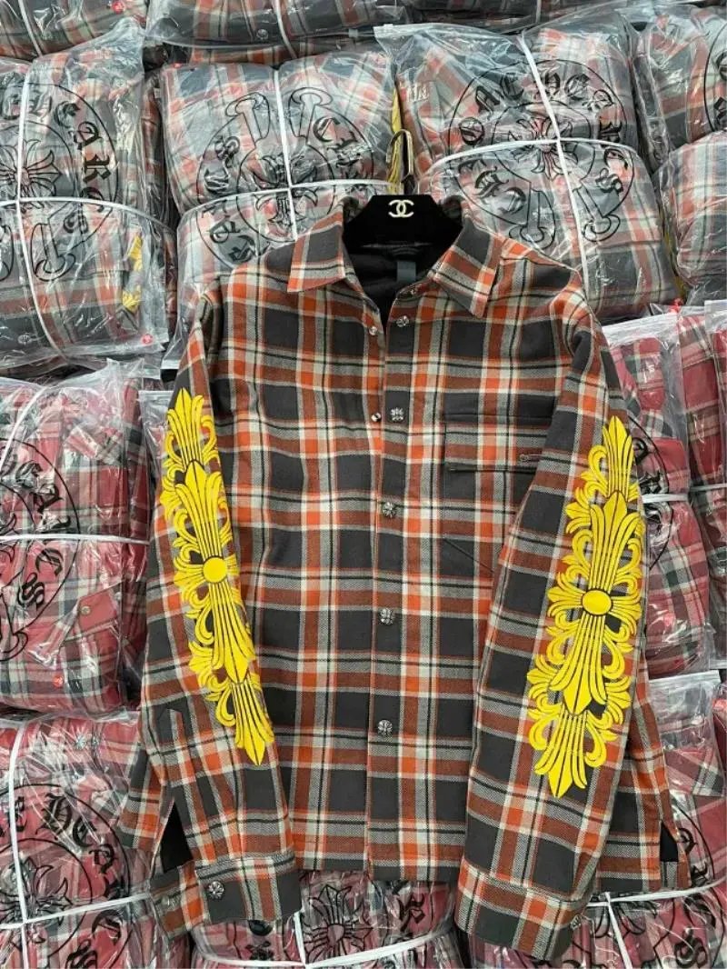 Chrome Hearts Plaid Orange Black Embroidered Shirt