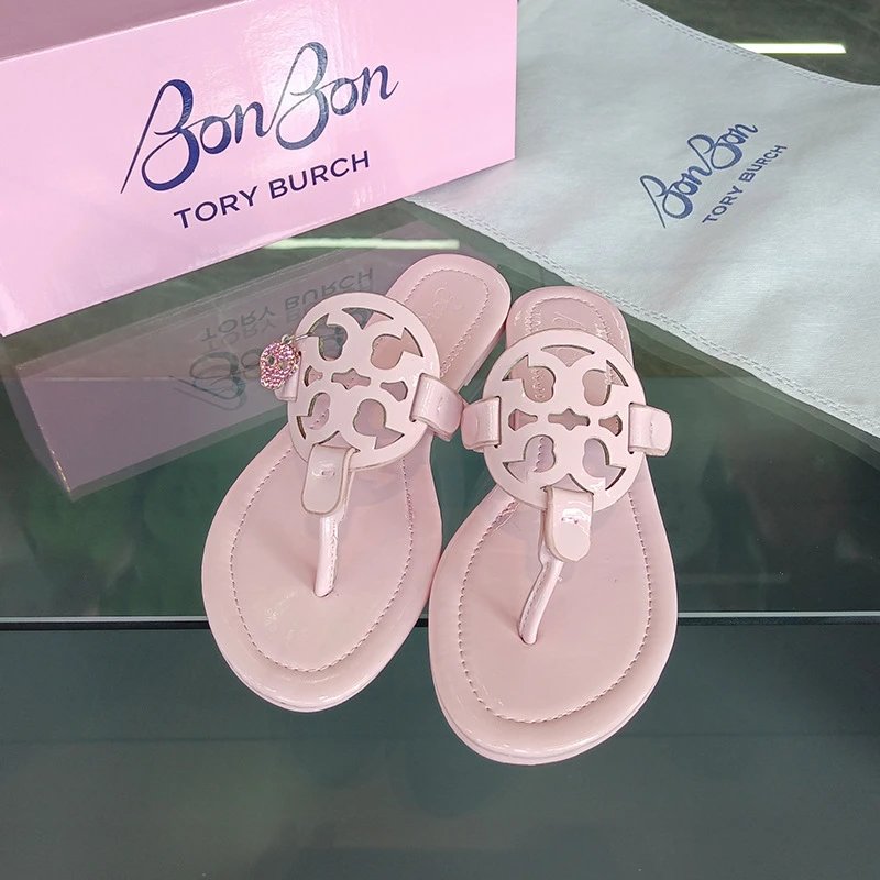 Tory Burch Sandals Double T rhinestone slide and thong — bon-light pink