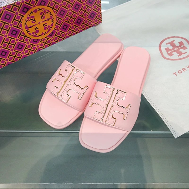 Tory Burch Sandals Double T rhinestone slide and thong — Pink flip-flops