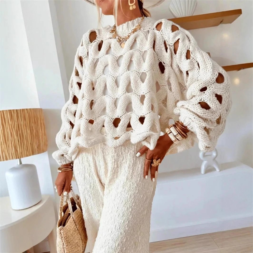 Crochet Knit Off-White Boho Loose Sweater