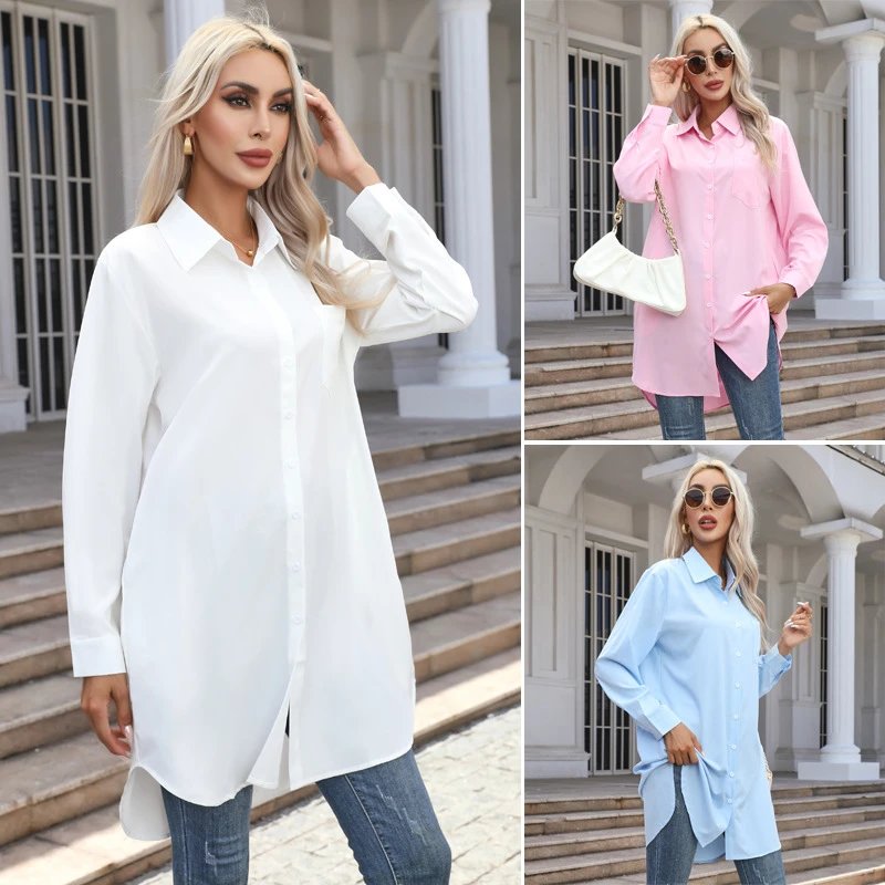 Longline Solid Color Casual Shirt White Pink Light Blue