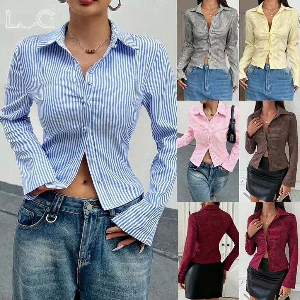 Striped V-Neck Long Sleeve Button-Up Shirt