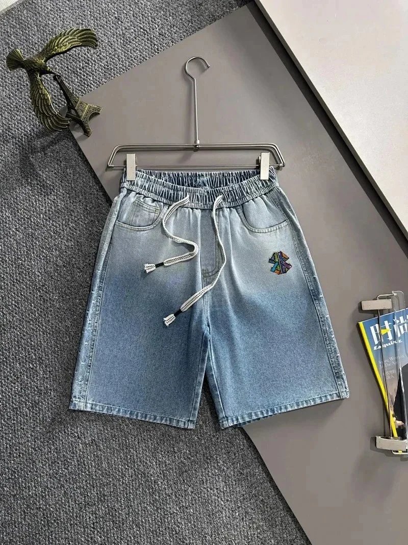 Balenciaga Shorts Elastic-Waist Drawstring Denim with Trefoil Logo — 1BALEN*CIAGA