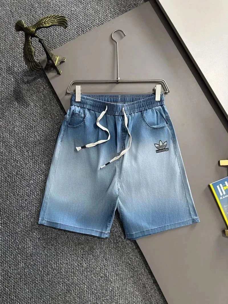 Balenciaga Shorts Elastic-Waist Drawstring Denim with Trefoil Logo — 3BALEN*CIAGA