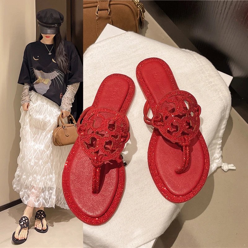 Tory Burch Sandals Double T rhinestone slide and thong — TB Rhinestone-Red