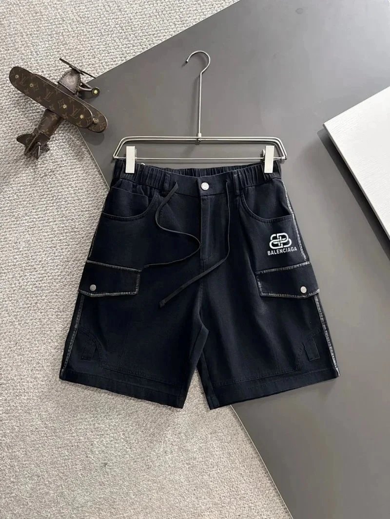 Balenciaga Shorts Elastic-Waist Drawstring Denim with Trefoil Logo — 12BALEN*CIAGA