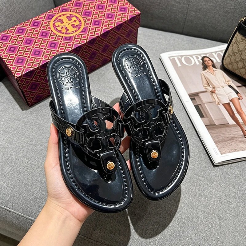 Tory Burch Sandals Double T rhinestone slide and thong — Flip-flops – Mirror Black