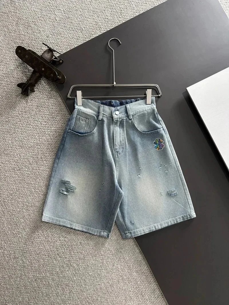 Balenciaga Shorts Elastic-Waist Drawstring Denim with Trefoil Logo — 8BALEN*CIAGA