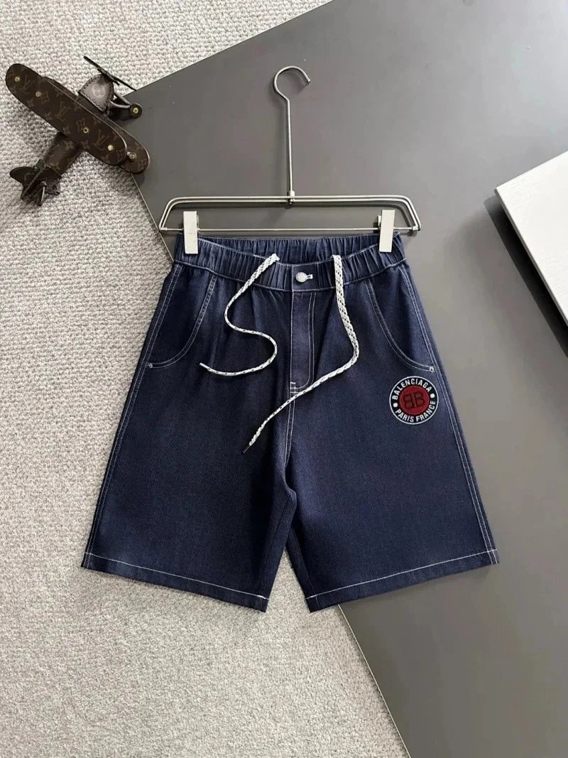 Balenciaga Shorts Elastic-Waist Drawstring Denim with Trefoil Logo — 19BALEN*CIAGA