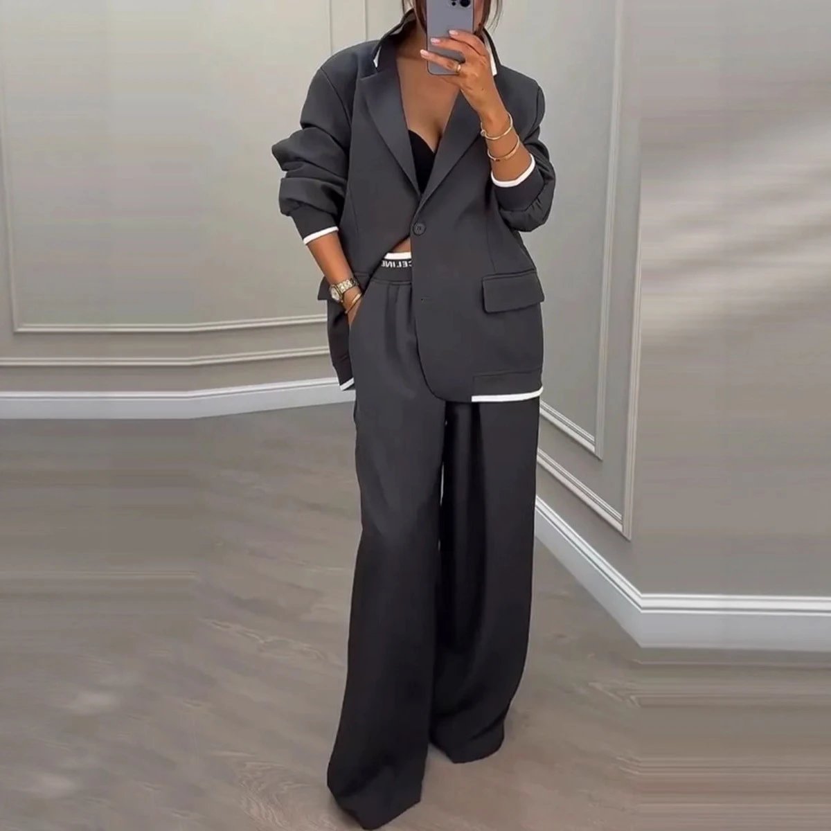 Grey Oversized Blazer And Wide Leg Pants Set Casual
