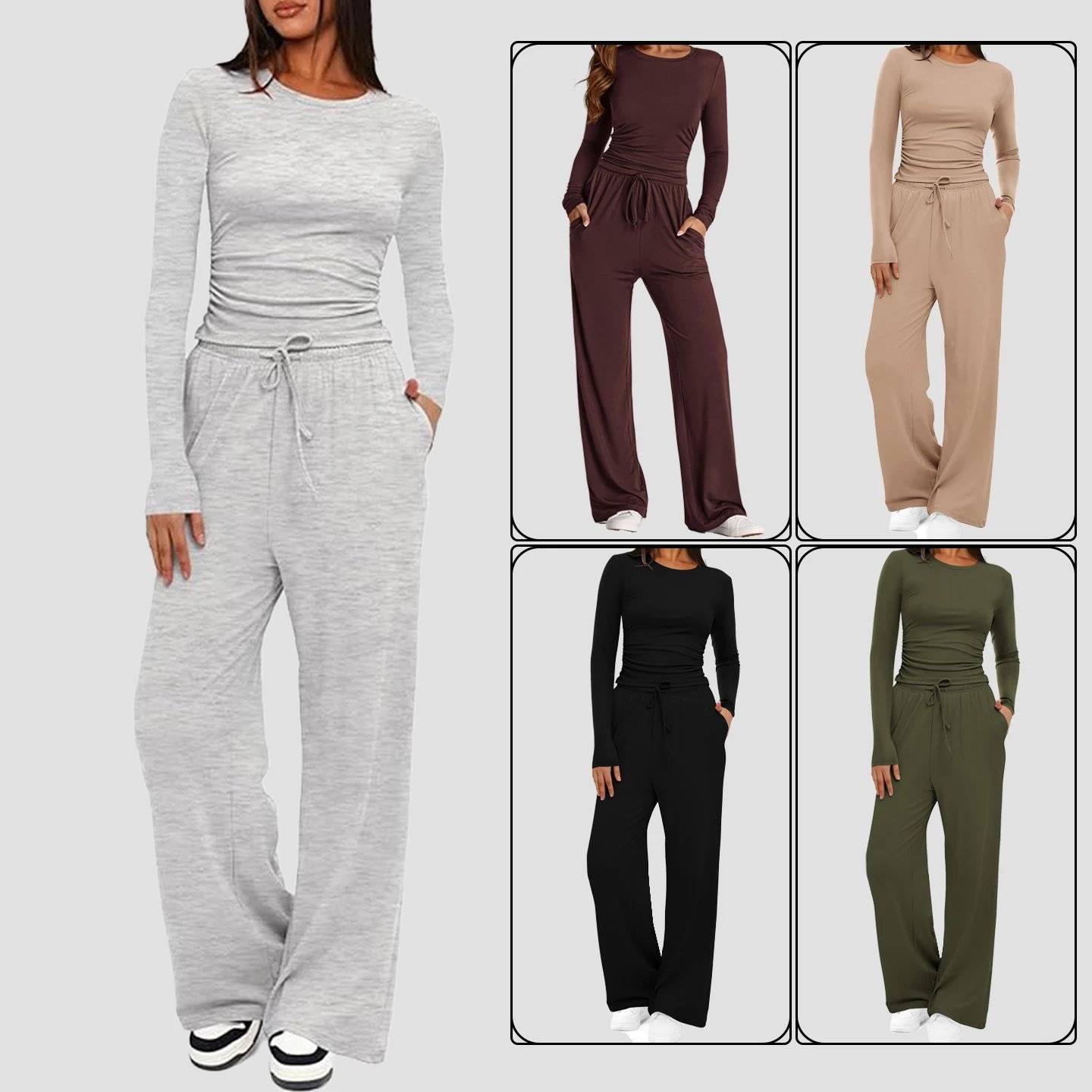 Women's Long Sleeve Solid Color Casual Two Piece Set