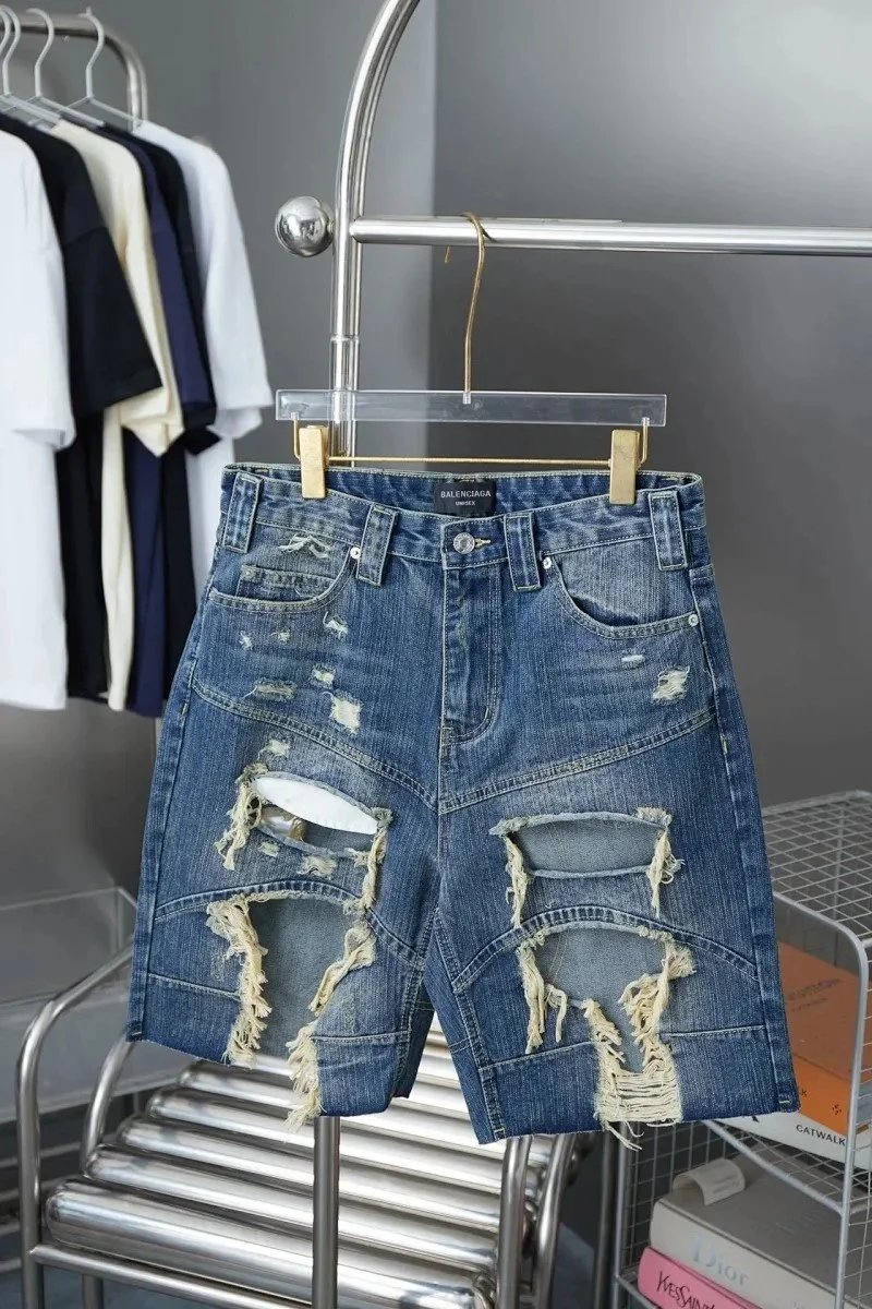 Balenciaga Shorts Elastic-Waist Drawstring Denim with Trefoil Logo — 18BALEN*CIAGA