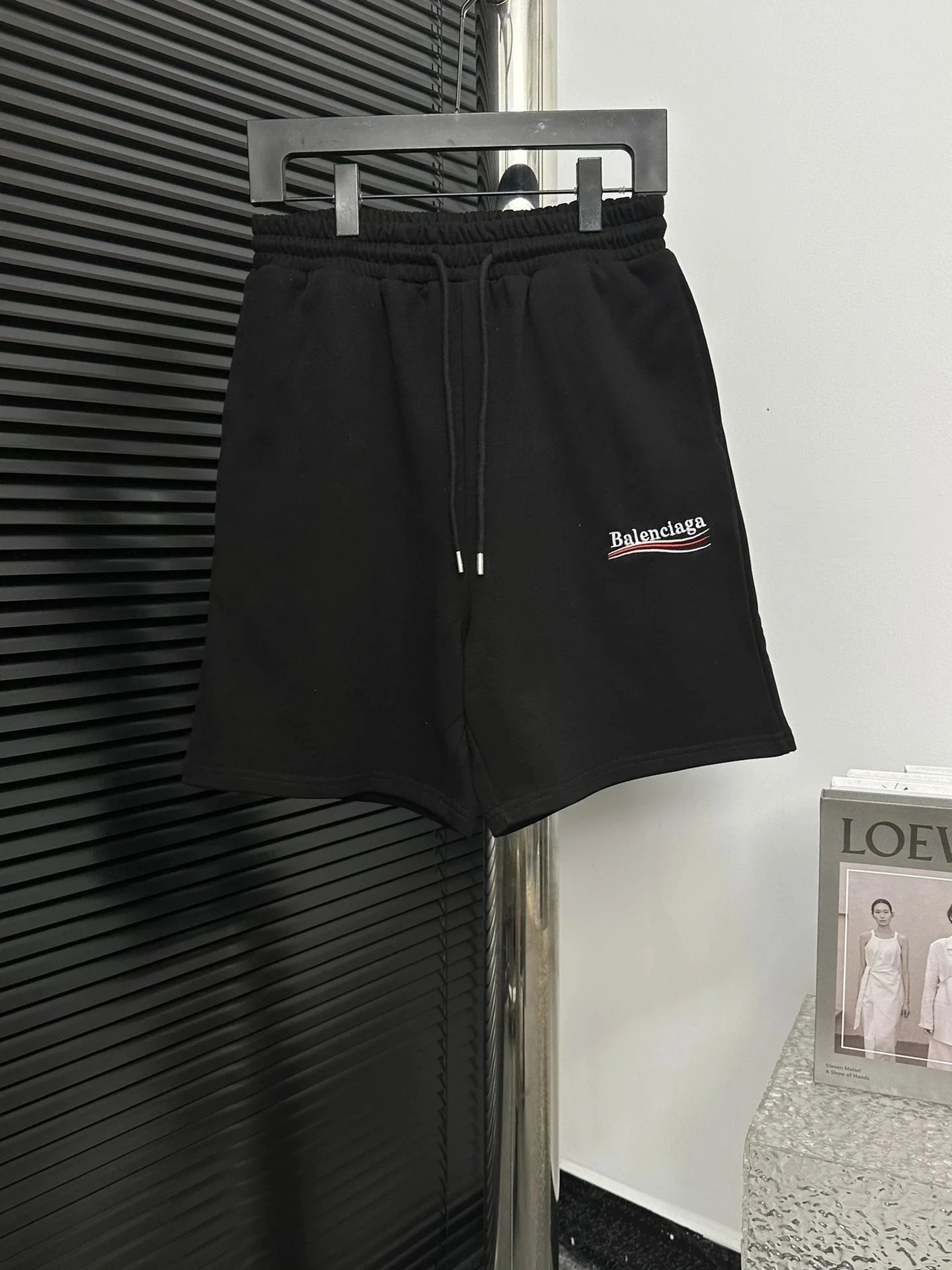 Balenciaga Shorts Elastic-Waist Drawstring Denim with Trefoil Logo — 24BALEN*CIAGA