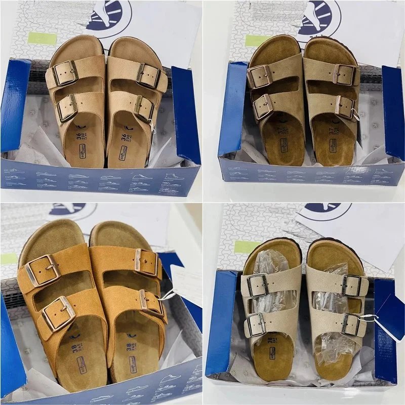 Suede Two-Strap Buckle Beige Casual Slide Sandals