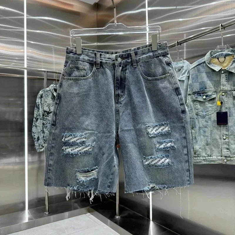 Balenciaga Shorts Elastic-Waist Drawstring Denim with Trefoil Logo — 17BALEN*CIAGA