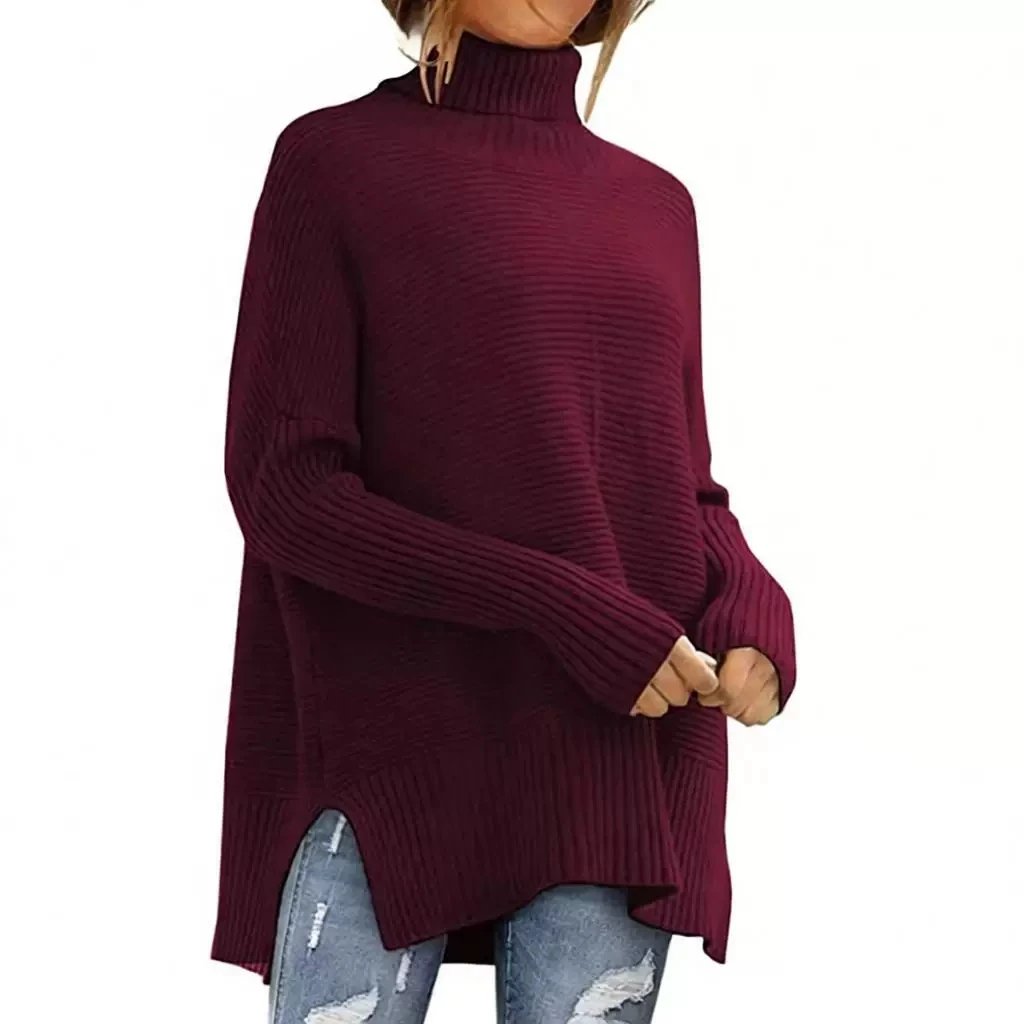 Ribbed Turtleneck Sweater Burgundy Oversized Slouchy