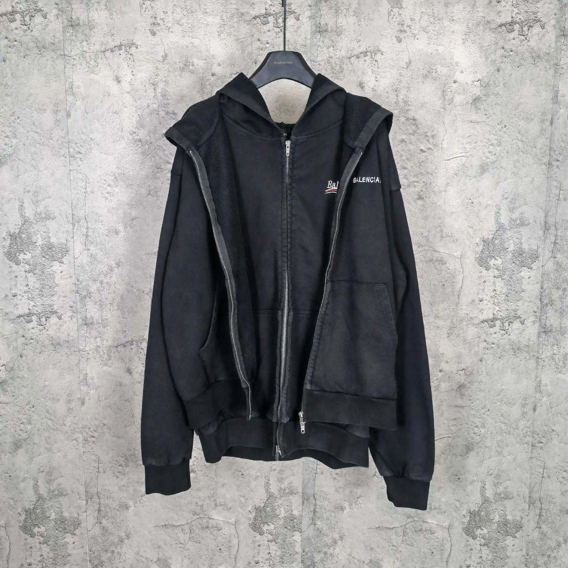 Balenciaga Hooded Zip-Up Black Layered Sweatshirt