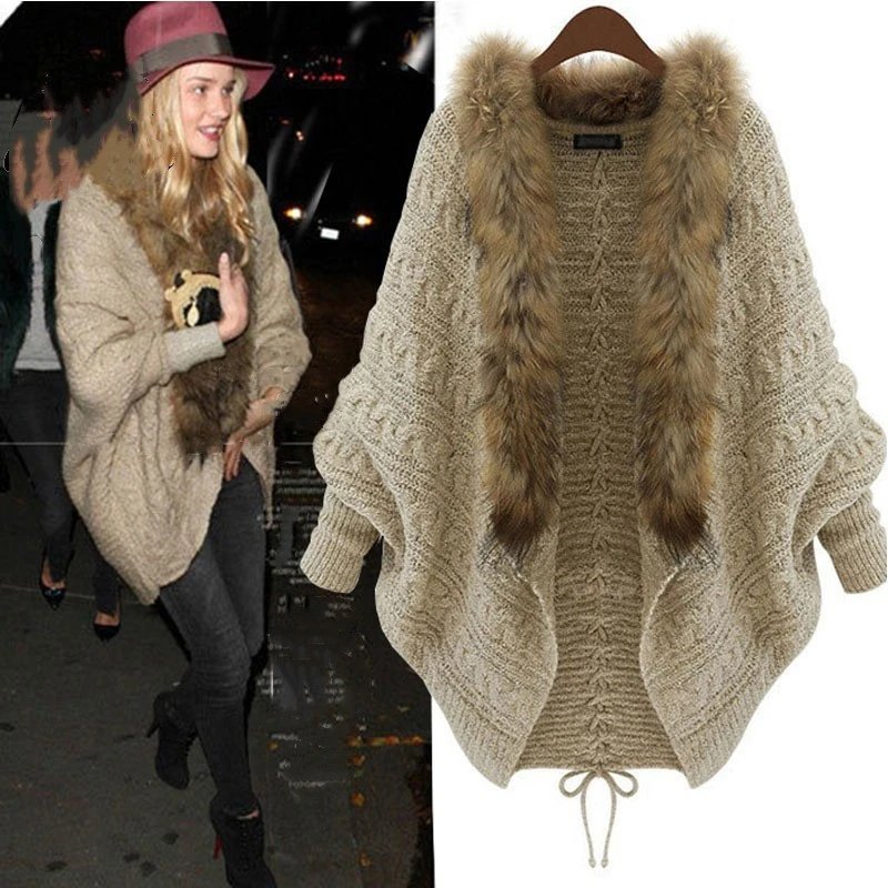 Knitted Oversized Beige Fur-Trimmed Batwing Cardigan