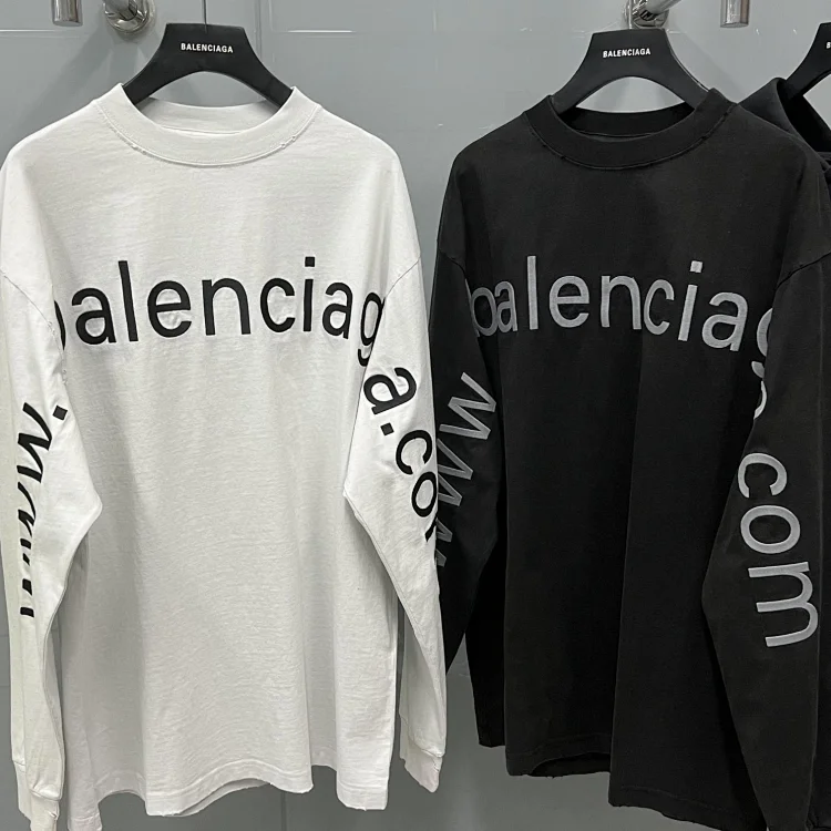 Balenciaga Logo Print White Black Oversized Long Sleeve T-Shirt