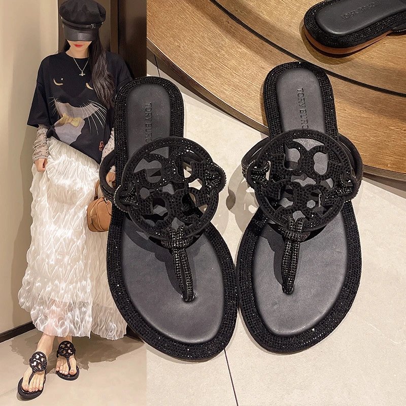 Tory Burch Sandals Double T rhinestone slide and thong — TB Rhinestone-Black