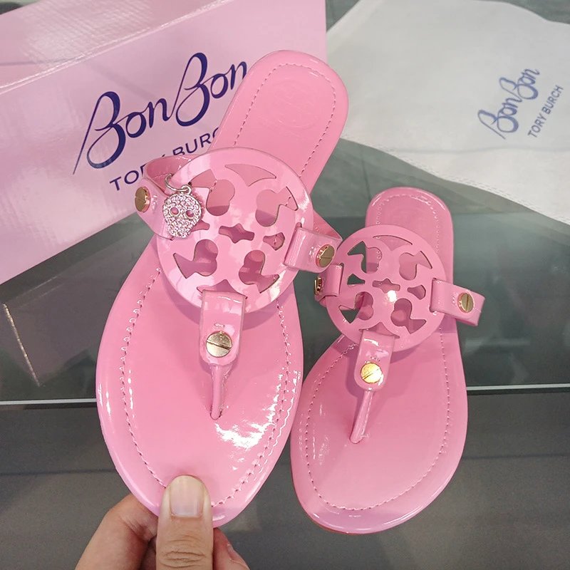 Tory Burch Sandals Double T rhinestone slide and thong — bon-Mirror flour