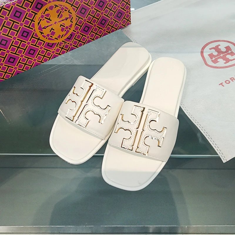 Tory Burch Sandals Double T rhinestone slide and thong — Slide sandals-white