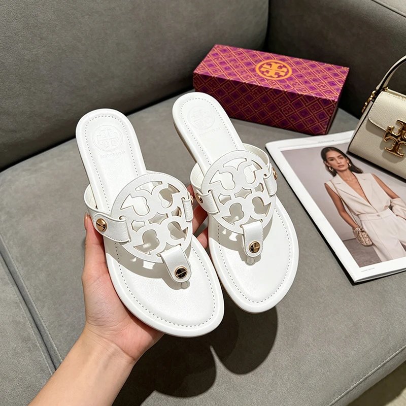 Tory Burch Sandals Double T rhinestone slide and thong — Flip-flops-White