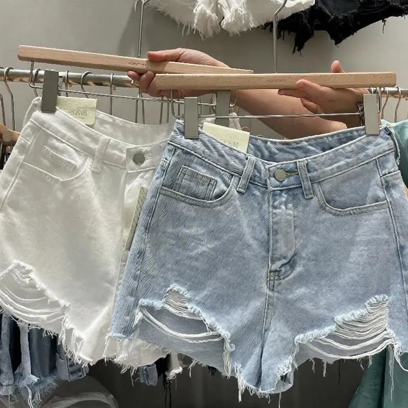 Korean-style high-waisted distressed denim shorts