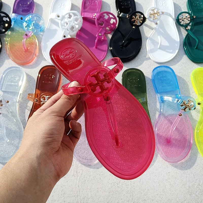 Tory Burch Sandals Double T rhinestone slide and thong — TB Small buckle-transparent red