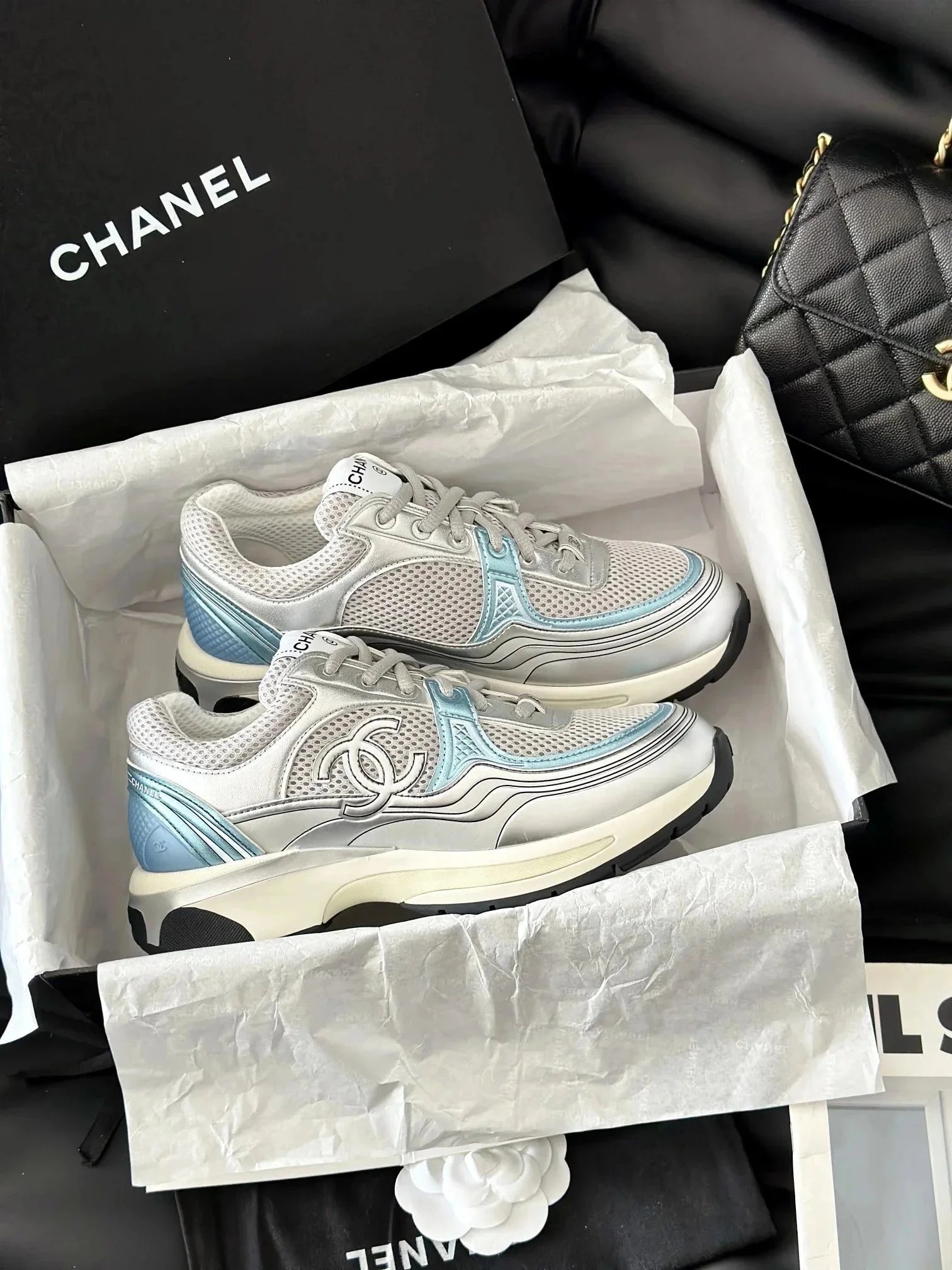 Chanel CC Logo Mesh Sneakers in Silver and Ice Blue Chunky Sneakers