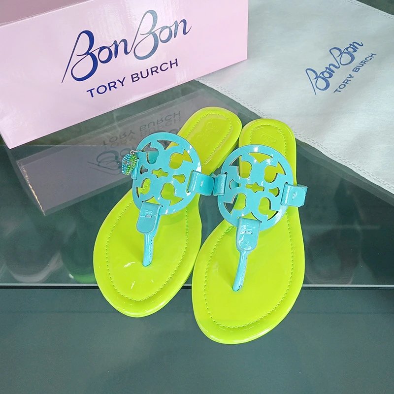 Tory Burch Sandals Double T rhinestone slide and thong — bon-green-blue