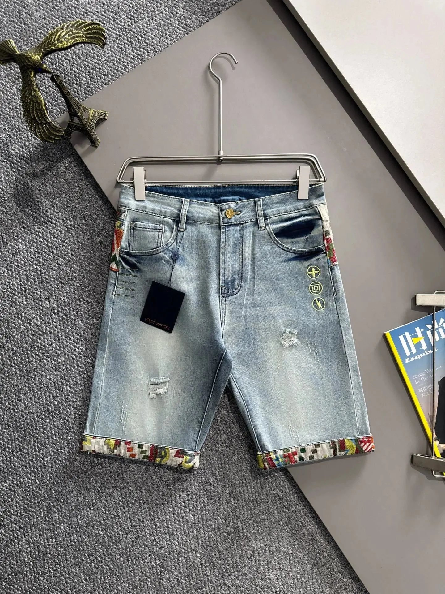 Louis Vuitton Shorts Denim with Patterned Cuffs — L*OUIS VUI*TTON