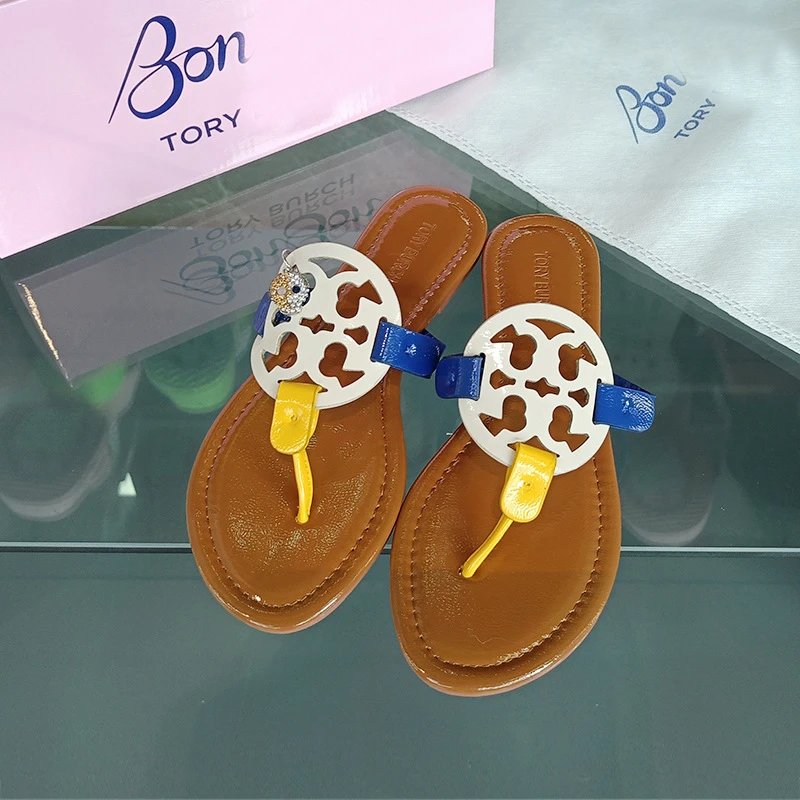 Tory Burch Sandals Double T rhinestone slide and thong — bon-blue yellow