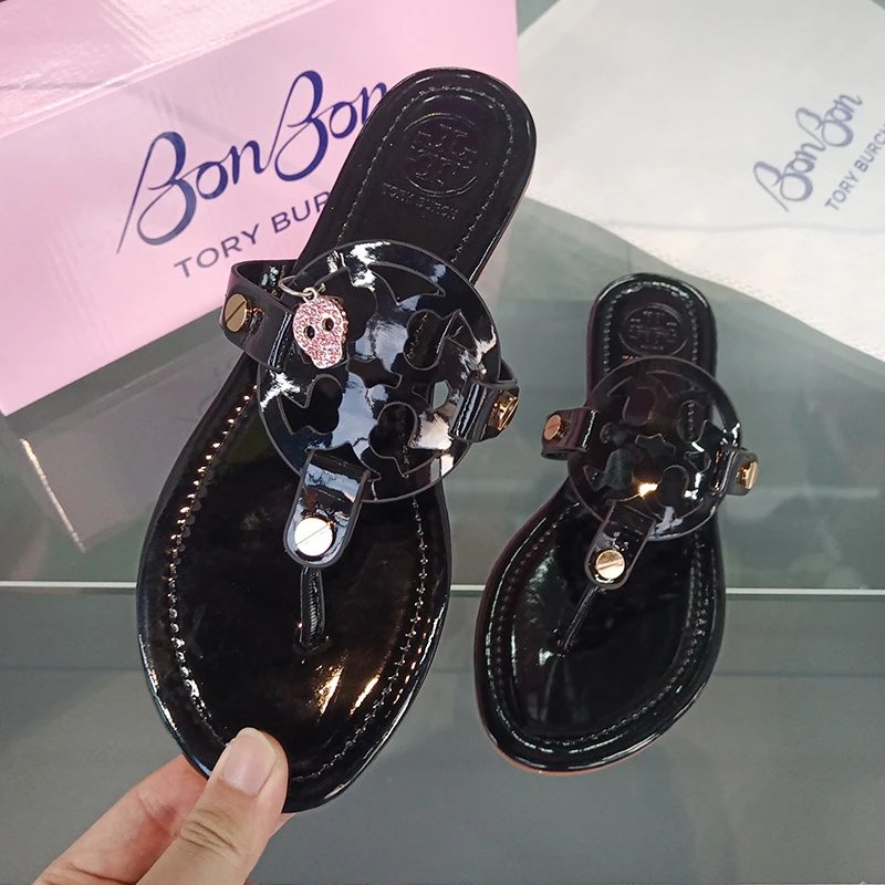 Tory Burch Sandals Double T rhinestone slide and thong — bon-Mirror black