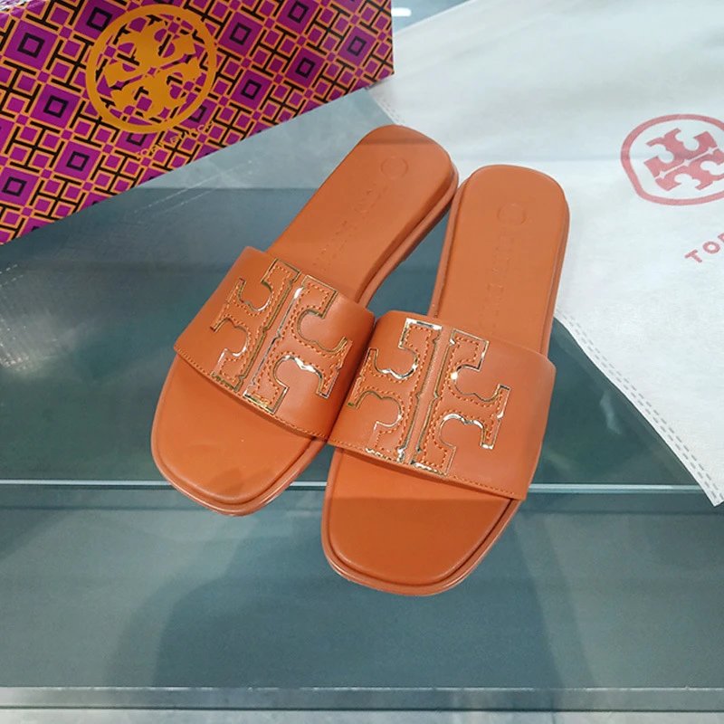 Tory Burch Sandals Double T rhinestone slide and thong — Slide sandals-brown