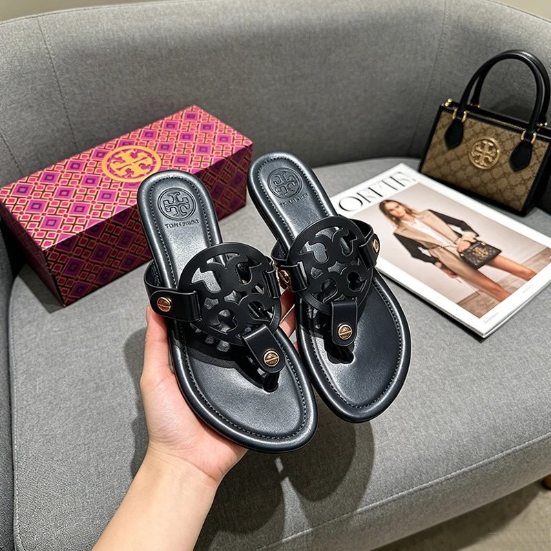 Tory Burch Sandals Double T rhinestone slide and thong — Flip-flops-Black