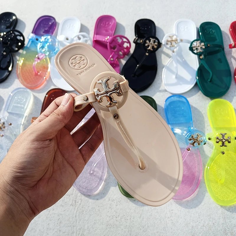 Tory Burch Sandals Double T rhinestone slide and thong — TB Xiao Kou-Apricot Color