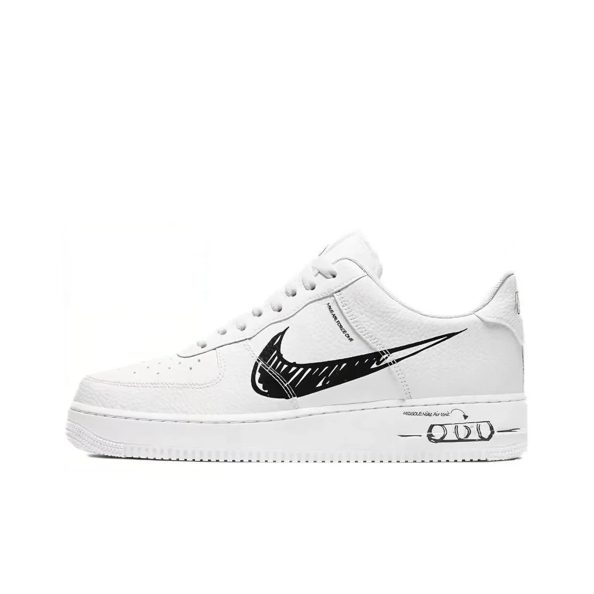 Nike Sneakers Air Force 1 Low with skeletal Swoosh detail — black and white graffiti
